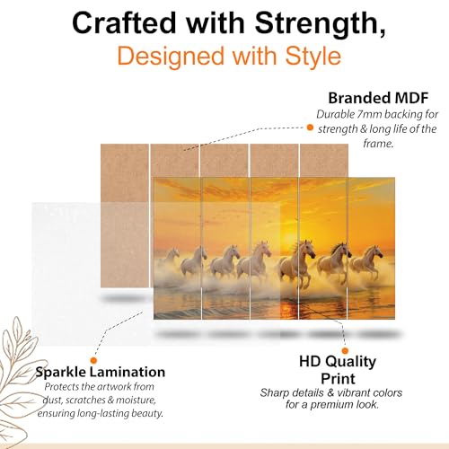 Image of The Castle Decor Running Horses with Rising Sun Vastu Painting | Wooden Frame Multi-Panel Wall Art for Living Room (Multi Color - Design 7, 27x48 Inch)