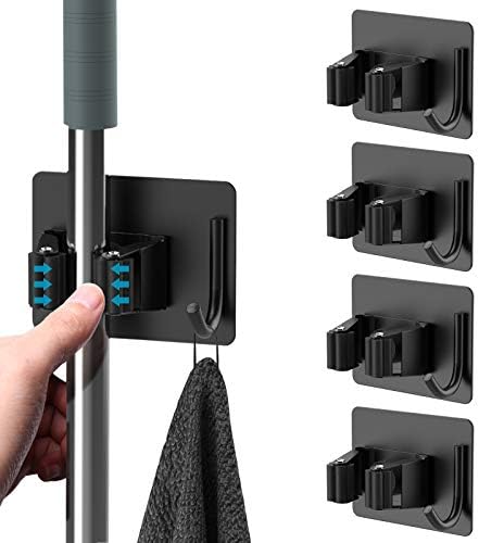HOMEASY Mop Broom Holder No Drill SUS304 Stainless Steel, Mop Broom Organizer Wall Mounted Heavy Duty with Hooks Hanger, Storage Rack Self Adhesive 4Pcs for Bathroom, Kitchen, Office, Black