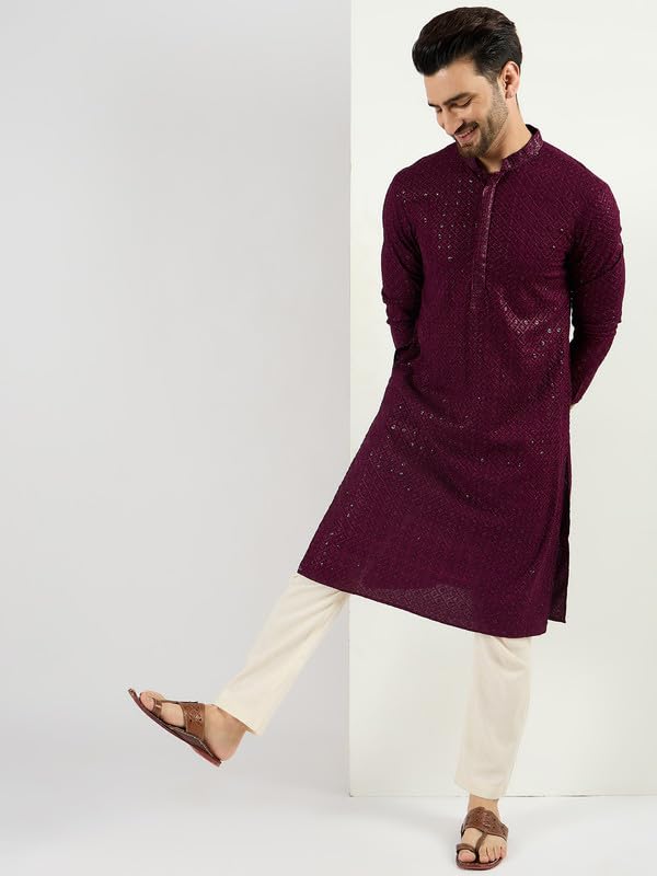 Image of Men's Solid Embroidered Long Straight Kurta | Men's Kurta | Embroidered Chikankari Kurta for Men | Straight Fit Kurta for Men