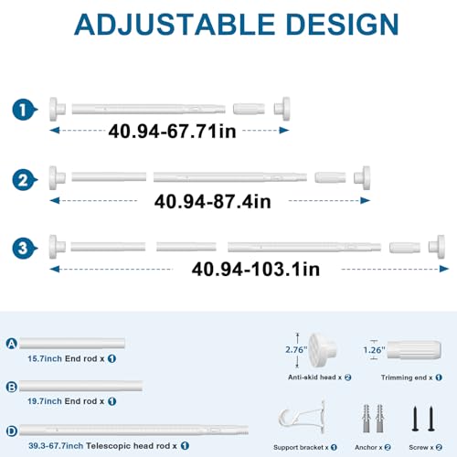 Image of AIZESI 41-100 Inch Heavy Duty White Tension Curtain Rod - No Drilling, Adjustable, Rust-Proof for Outdoor, Living Room, Bathroom