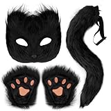 Jaciya Faux Furry Mask and Tail Set Halloween Costume Set for Women Fox Mask Wolf Tail Animal Party Costume-Black