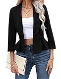 JoyJoy Womens Casual Blazer 3/4 Sleeve Open Front Ruffle Work Office Cardigan Suit Jacket Black S