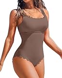 Charmo Ribbed Scalloped 1 Piece Swimsuits Womens Retro Modest Square Neck One Piece Bathing Suit Khaki M