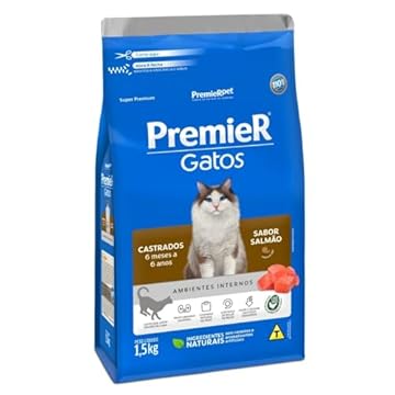 Premier Pet Ração Gatos Castrados 6 Meses a 6 Anos Ambientes Internos Salmão - 1,5kg
