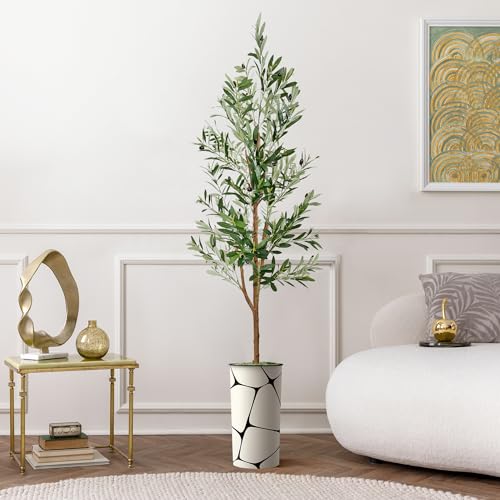 Artificial Tree in Geometric Pattern Planter, Fake Olive Silk Tree for Indoor and Outdoor Home Decoration - 68" Overall Tall (Plant Pot Plus Tree)