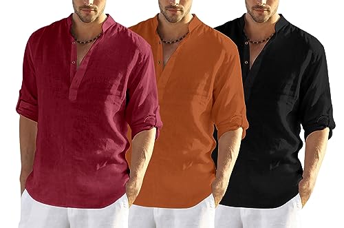 Zombom Combo of Men's Solid Cotton Polyester Blend Full Sleeve Mandarin/Chinese Collor Straight Kurta Shirt (Pack of 3)
