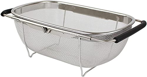 Image of KRESHU Stainless Steel Oval Fine Mesh Colander Strainer with Rubber Grip Handle| Multi-Functional Large Over The Sink Basket Expandable Drainer for Rinse Vegetables Fruits 35.6x25.4x11.4 (Pack of 1)