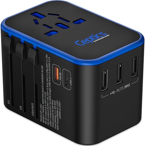 Ceptics Universal Travel Adapter, 35W International Power Adapter with PD & QC 3.0 Dual USB-C, 3 USB Travel Adapter Worldwide, Type I C G A Outlets 110V 220V A/C – EU Euro US UK (11-KU)