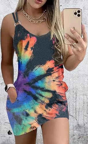 Image of Women's Live Simple Coconut Tree Color Block Mini Dress Spaghetti Strap Halter Strap Sleeveless Mini Dress with Pockets