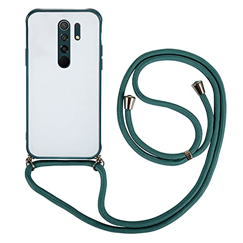 xinyunew Funda con Cuerda para Xiaomi Redmi 9/9 Prime/Poco M2,Carcasa Transparente TPU Silicona Case con Correa Colgante Ajustable Collar Correa de Cuello Cadena Cordón para Redmi 9- Verde Oscuro Cover