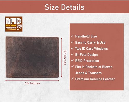 Top Grain Bifold Leather Wallet for Men RFID Blocking Front Pocket Design, 9 Card Slots, 1 ID Window, Cash Pocket, Stylish Vintage Look Durable & Compact Gift for Him (Brown)4