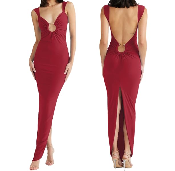 Image of Women Sexy Backless Dress V Neck Sleeveless Bodycon Backless High Slit Maxi Long Party Cocktail Wedding Dress