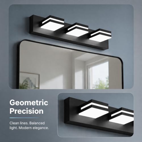 Image of Black Modern LED Bathroom Vanity Light Fixtures over Mirror (22 in 3-Light) | Rotatable Heads, Dimmer Compatible, Wall Mount, Square Shape Design