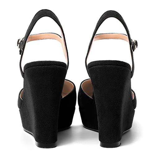 AMBELIGHT Womens Ankle Strap Sandals Night Club Round Toe Fashion Heels Suede Wedge High Heel Pumps Shoes 4 Inch4