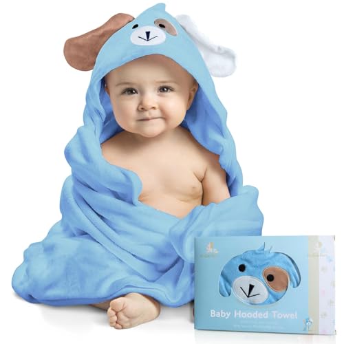 Image of FOREVERPURE Baby Towels with Hood - Soft, Absorbent Viscose Made of Bamboo, Extra Large 35 x 35 Inches, for Newborns, Infants, Boys and Girls, Blue