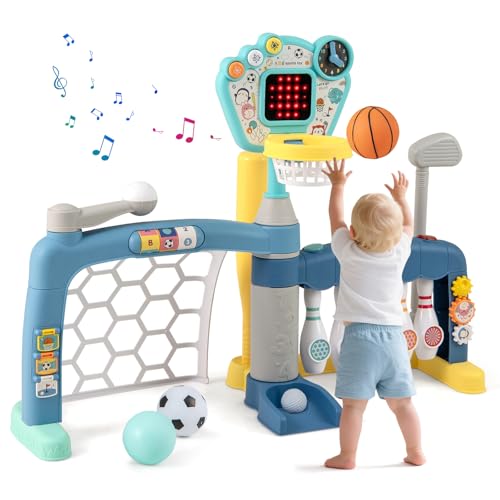 Image of Costzon Toddler Basketball Hoop with Adjustable Height, 5 in 1 Basketball Bowling Baseball Soccer Golf Kids Activity Center, Toddler Sports Toy w/Lights & Sounds, Gift for Baby Boys Girls 18+ Months