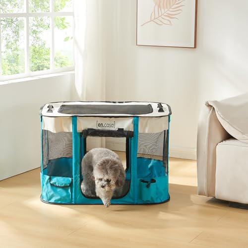 [en.casa] Kennel Pieghevole per Animali Domestici Rifugio Portatile per Cani e Gatti Trasportino Leggero Gabbia Trasportabile per Viaggi 80 x 60 x 55 cm Blu/Beige