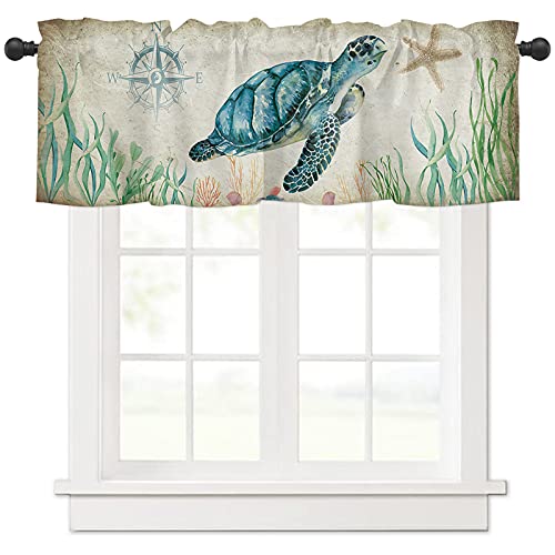 Yun Nist Valance Curtain For Windows Watercolor Sea Turtle And Starfish Ocean Life,Privacy Panel Rod Pocket Window Treatment Retro Nautical Theme,Short Valances For Bathroom Kitchen Bedroom 54X18In #TOP20
