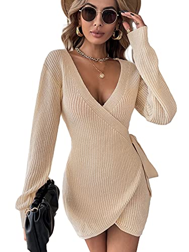 SheIn Women s Wrap Tie Side Mini Sweater Dress Long Sleeve V Neck Ribbed Knit Bodycon Dresses Khaki Medium
