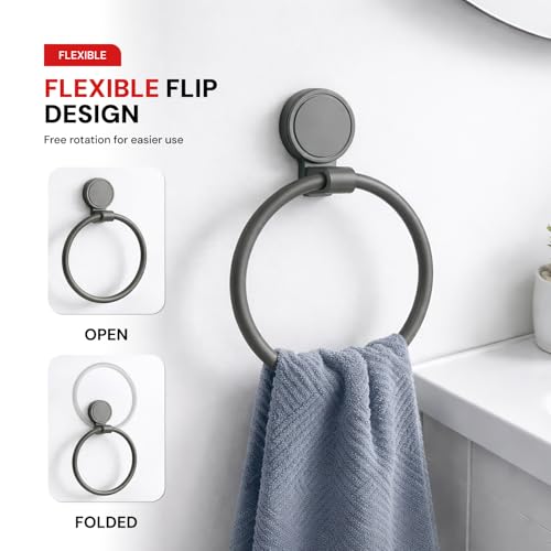Image of Amazon Basics Suction Towel Ring for Bathroom - Rust - Free Powder Coated Wall Mounted Towel Rack No Drill Towel Ring Modern Bathroom Accessories Organizer Grey