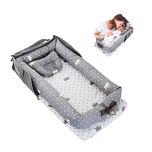 Loevin Baby Lounger for Newborn Portable Bag,Baby Nest Cosleeping for Baby in Bed with Pillow,Newborn Lounger Adjustable Size & Strong Zipper Lengthen Space to 24 Months,Crown Grey