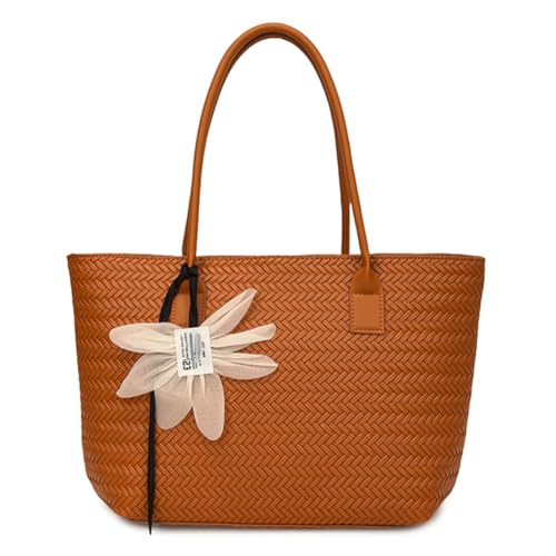 Women Casual Woven Tote Handbag with Pendant PU Leather Shoulder Bag (Brown)