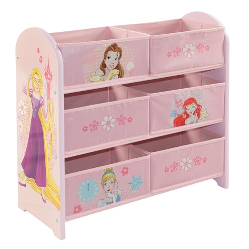Disney Princess Meuble de rangement pour jouets, 6 boîtes de rangement pour chambre à coucher – Fabriqué en bois/tissu/métal – Assemblage et nettoyage...