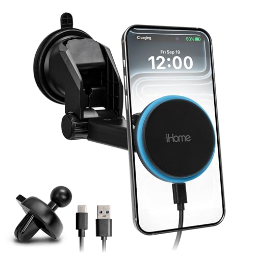 iHome 3-in-1 Magnetic Wireless Charging, Flexible Mount for Vent, Dash & Windshield, 15W Fast Charge