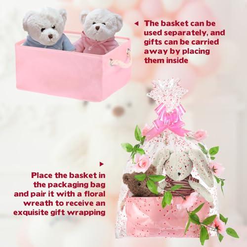 Image of Rainmae Baby Shower Storage Basket with Gift Bags Ribbons, Pink Girls Nursery Toys Baskets, Large Canvas Storage Bin with Handles for Organizing Toy Home DIY Gift Basket for Baby Shower Birthday Party