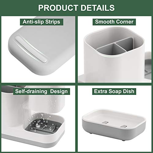 Vitviti Toothbrush Holder For Bathroom, Bathroom Organizer Storage Set With 2 Bathroom Tumblers, For Vanity Countertop/Toothpaste/Kids, 5 Compartments White + Gray Plastic #TOP2