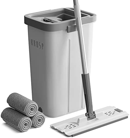 KROSP Mop And Bucket With Wringer Set, Flat Mop And Bucket For Floor Cleaning With 3 Reusable Microfiber Pads, Wet and Dry use, Home Cleaning System Tools Perfect For Hardwood, Laminate, Tile, Windows