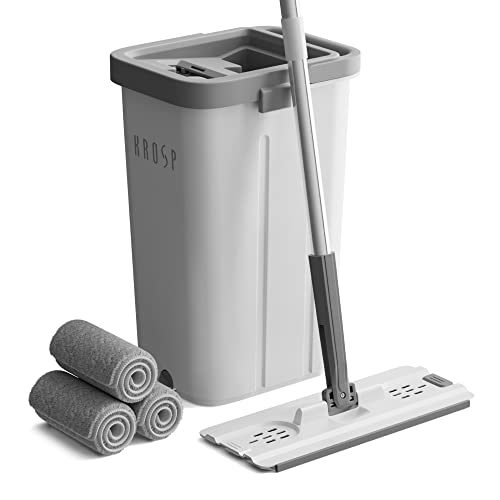 Krosp Mop And Bucket With Wringer Set, Flat Mop And Bucket For Floor Cleaning With 3 Reusable Microfiber Pads, Wet And Dry Use, Home Cleaning System Tools Perfect For Hardwood, Laminate, Tile, Windows #TOP18