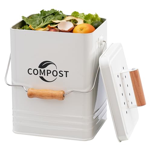 Candco Kitchen Compost Bin, 1.7 Gallon Countertop Compost Bin with Lid and Charcoal Filter, Kitchen Composter for Food Waste, Rust Proof Indoor Bucket, White