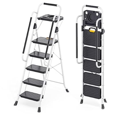 KINGRACK Sturdy Steel 5 Step Ladder, Folding Step Stool with Handrail, Anti-Slip Wide Pedals, Safe-Lock Design, Pass 800lbs Load Testing, Portable Ladder for Multi-Purpose in Home, Kitchen, White