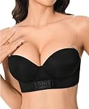 Upushall Strapless Push Up Bra with Clear Straps Front Closure Convertible Balconette Padded Underwire Bras for Women Black 38C