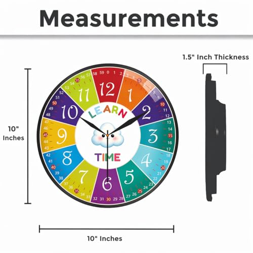 Image of AmeraKart- 10 Inch Kids Educational Wall Clock for Learning Time - Colorful Hour & Minute Teaching Clock for Children, Classroom & Study Room Decor I No Drill-Free Adhesive Hook Included