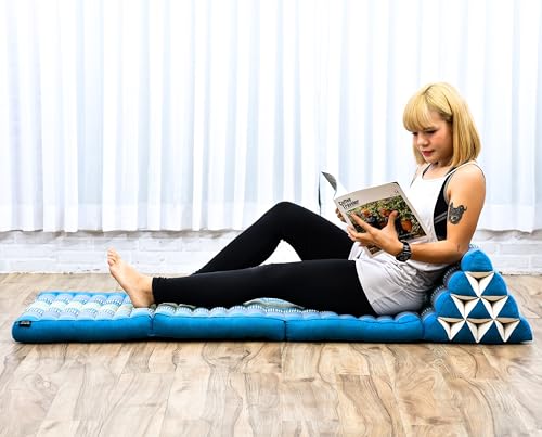 Image of Leewadee 3-Fold Mat with Triangle Cushion - Comfortable TV Pillow, Foldable Mattress with Cushion Made of Eco-Friendly Kapok, 67 x 21 inches, Light Blue