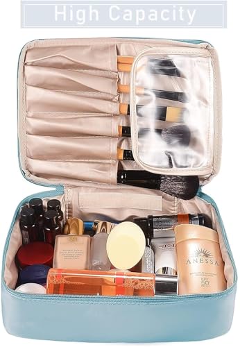 Image of AEWIN Large Waterproof Travel Makeup Bag for Women | 2-in-1 Cosmetic Organizer with Brush Slots & Detachable Pouch | Portable Toiletry Bag with Handle | Durable Scratch-Resistant Fabric for Travel