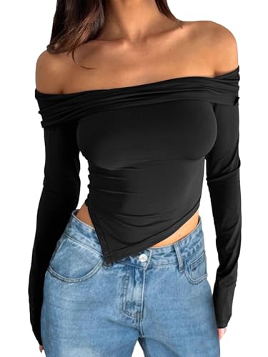Off Shoulder Tops Women: Long Sleeve Crop Top Shirts Going Out Y2k Asymmetrical Fall 2024 Cute Slim Fit Clothes