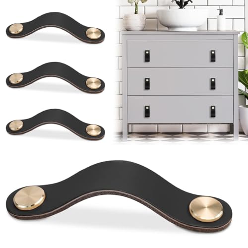 Tiradores de Ccuero Muebles, 4 piezas Tiradores Cuero para Cajones, Tiradores Armarios Negros, Tiradores Cajones Vintage para Armarios, Cajones, Cocina, Baño