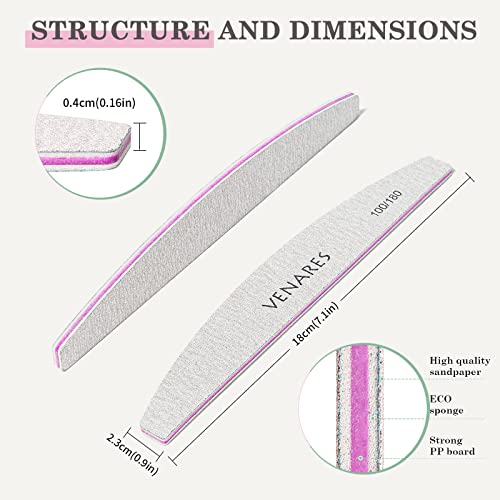 Lime per Unghie 100/180, Venares 10 Pezzi Lime per Unghie Professional Lavabile a Doppia Faccia, Mezza luna Bilaterale Strumenti per la Cura Degli Unghie, per Uso Domestico e Salone Animale domestico