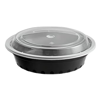 OCS Parts 10-Pack Round Microwavable 24 Ounce Food Prep Containers | 7.25" x 2" Disposable Reusable Black Plastic Food Storage Containers with Lids for Leftovers, Lunch, and Takeout