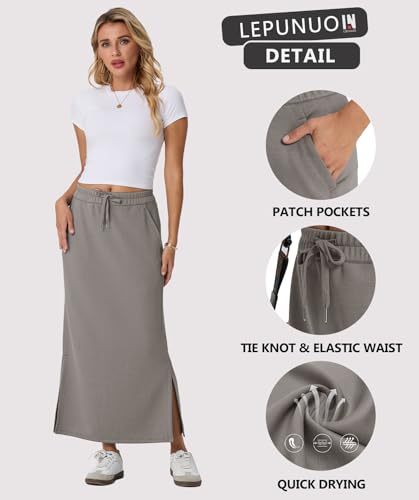 Image of Lepunuo Women's High Waisted Sweat Maxi Skirt with Pockets Slit | Ultra Soft Sweat Fabric, High Waist Drawstring, Deep Phone Pockets, Side Slit for Movement, Ideal for Lounge Travel