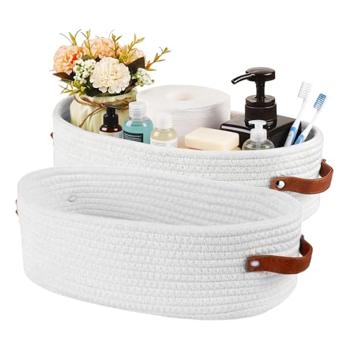 TIANLIN 2 Pièces Panier de Rangement Tressé en Corde de Coton, Taille 33×15×10 cm, Petits Paniers de Rangement avec Poignées en Cuir pour Salle de Bain, Chambre, Cuisine et Étagère (Blanc)