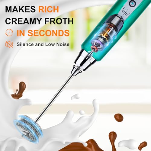 Image of YUSWKO Turquoise Handheld Milk Frother Wand for Coffee, Rechargeable Electric Whisk with 3 Heads 3 Speeds Drink Mixer Coffee Frother For Latte, Cappuccino, Hot Chocolate, Egg