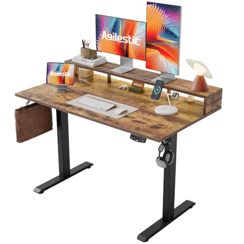 Image of Agilestic 55 x 24 Inch Electric Standing Desk with Shelf, Height Adjustable Desk with Power Outlets & LED, Sit Stand Up Table with Monitor Stand, Computer Workstation, Rustic Brown