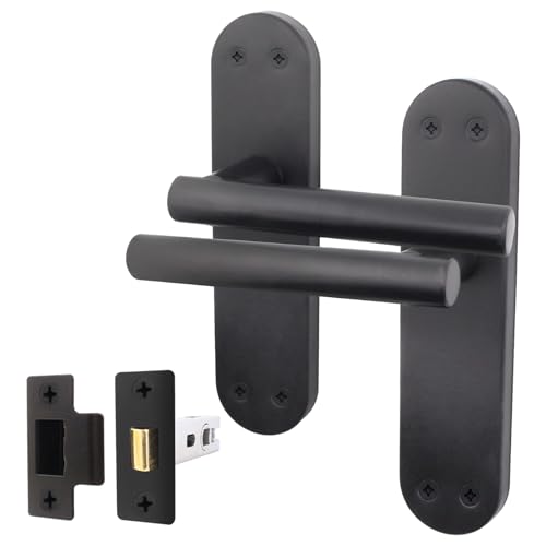 EAI Black Door Handle Latch Set | Matt Black Internal Lever T-Bar Handles on Backplate & Latch (64mm) | Oliena Range