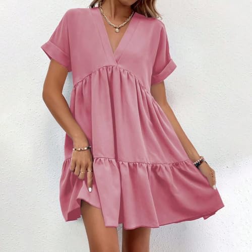 Image of WDIRARA Women's Roll Up Short Sleeve V Neck Ruffle Hem Solid Swing Smock Dress