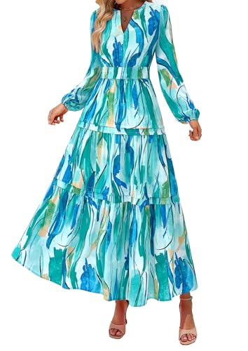 PRETTYGARDEN Women's 2025 Fall Boho Maxi Dresses Floral Long Sleeve V Neck Flowy Elegant Wedding Guest Dress Vacation Outfits