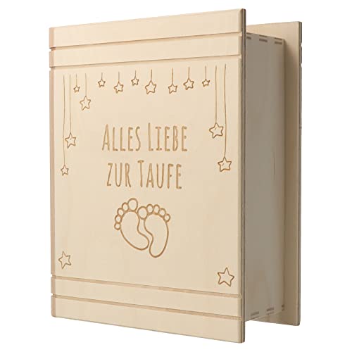 Spruchreif · Spardose Buch aus Holz mit Gravur zur Taufe · Motiv Babyfüße · Sparbüchse für Jungen & Mädchen · Taufgeschenk